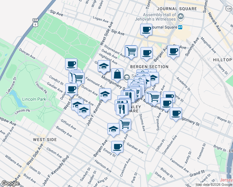 map of restaurants, bars, coffee shops, grocery stores, and more near 333 Fairmount Avenue in Jersey City