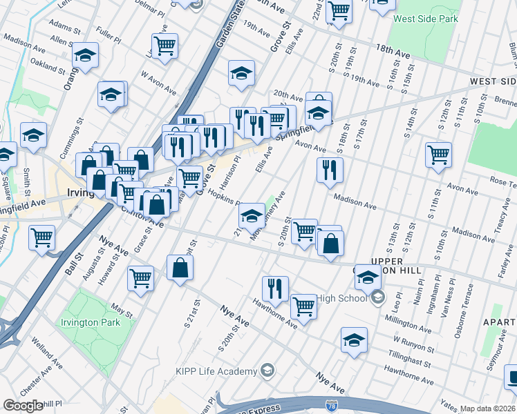 map of restaurants, bars, coffee shops, grocery stores, and more near 141-181 Montgomery Avenue in Irvington