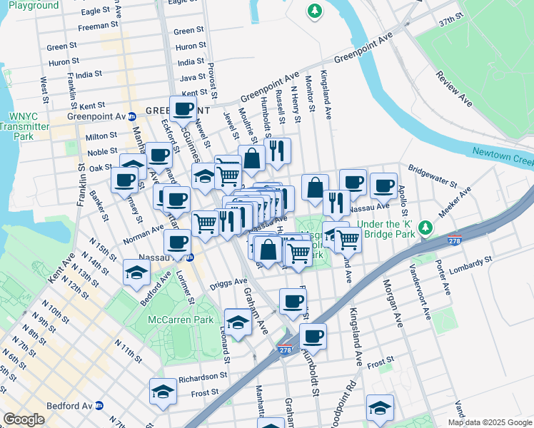 map of restaurants, bars, coffee shops, grocery stores, and more near 663 Humboldt Street in Brooklyn
