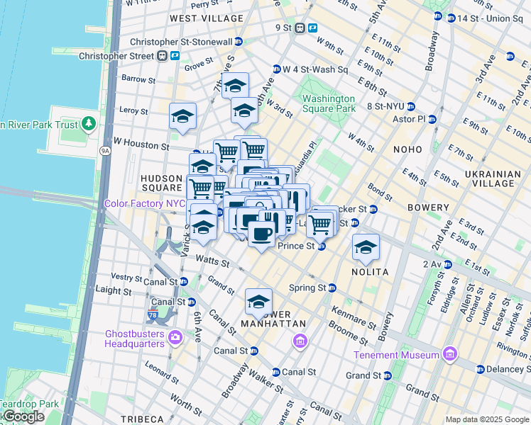 map of restaurants, bars, coffee shops, grocery stores, and more near 423 West Broadway in New York