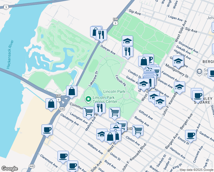 map of restaurants, bars, coffee shops, grocery stores, and more near 679 West Side Avenue in Jersey City