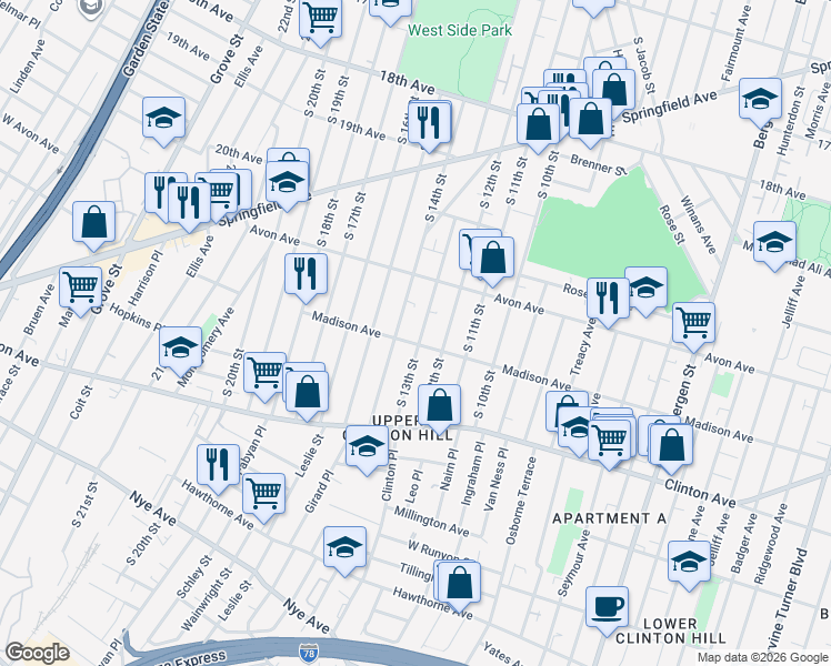 map of restaurants, bars, coffee shops, grocery stores, and more near 800 South 14th Street in Newark