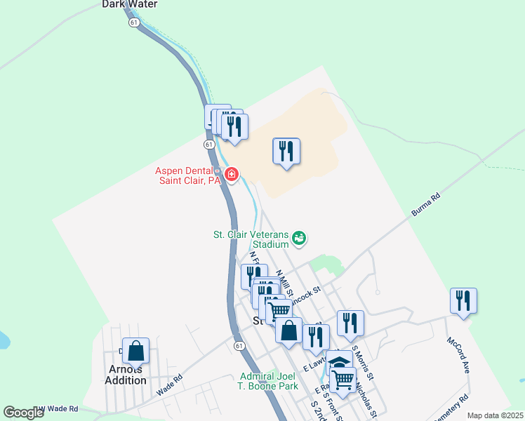 map of restaurants, bars, coffee shops, grocery stores, and more near 417 North Nicholas Street in Saint Clair
