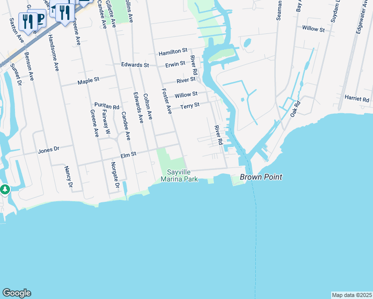 map of restaurants, bars, coffee shops, grocery stores, and more near 337 Foster Avenue in Sayville