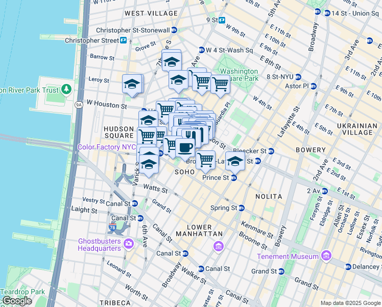 map of restaurants, bars, coffee shops, grocery stores, and more near 132 Thompson Street in New York