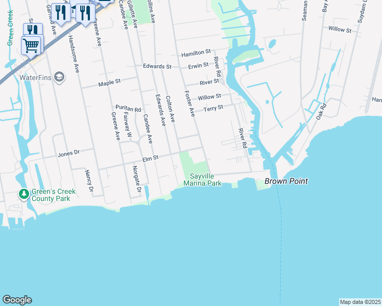 map of restaurants, bars, coffee shops, grocery stores, and more near 144 Elm Street in Sayville