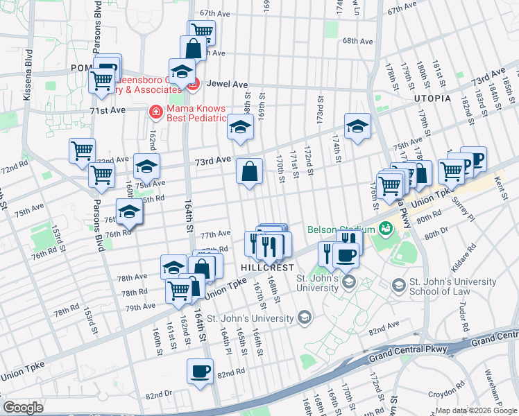map of restaurants, bars, coffee shops, grocery stores, and more near 75-33 169th Street in Queens