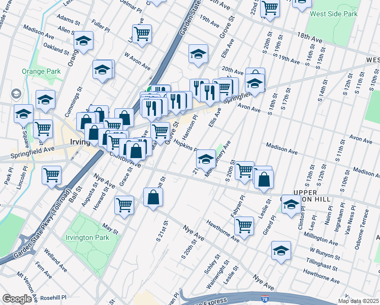 map of restaurants, bars, coffee shops, grocery stores, and more near 60 Harrison Place in Irvington