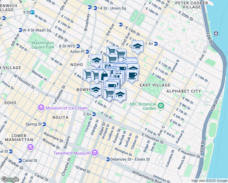 map of restaurants, bars, coffee shops, grocery stores, and more near 340 East 5th Street in New York