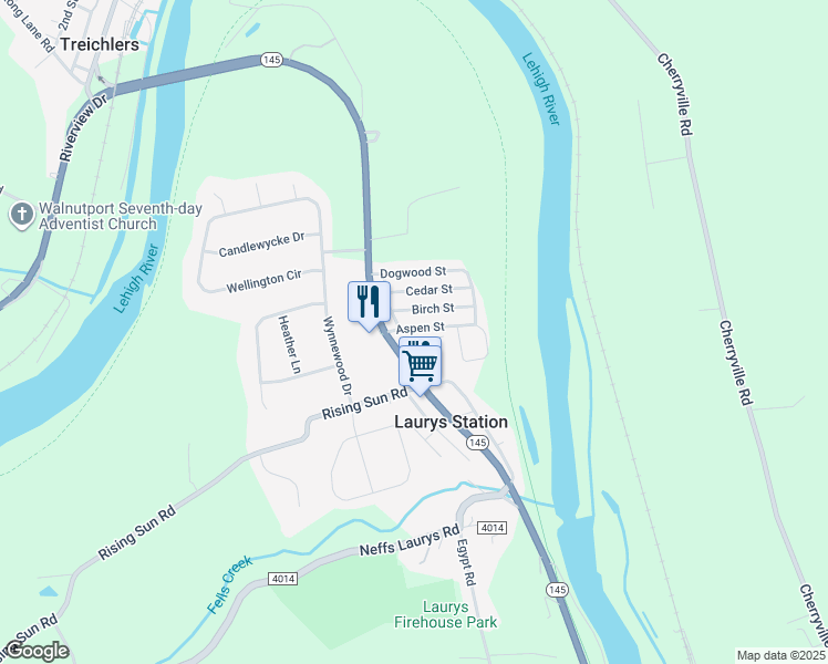 map of restaurants, bars, coffee shops, grocery stores, and more near 1082 Dogwood Street in Laurys Station