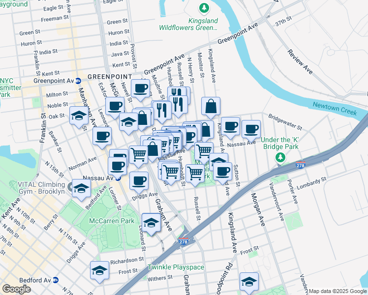 map of restaurants, bars, coffee shops, grocery stores, and more near 720 Humboldt Street in Brooklyn