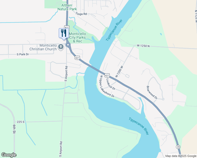 map of restaurants, bars, coffee shops, grocery stores, and more near State Road 39 in Monticello