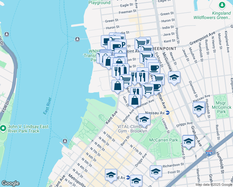 map of restaurants, bars, coffee shops, grocery stores, and more near 61 Franklin Street in Brooklyn