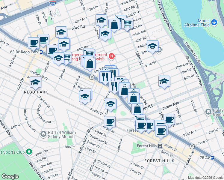 map of restaurants, bars, coffee shops, grocery stores, and more near 10207 67th Drive in Queens