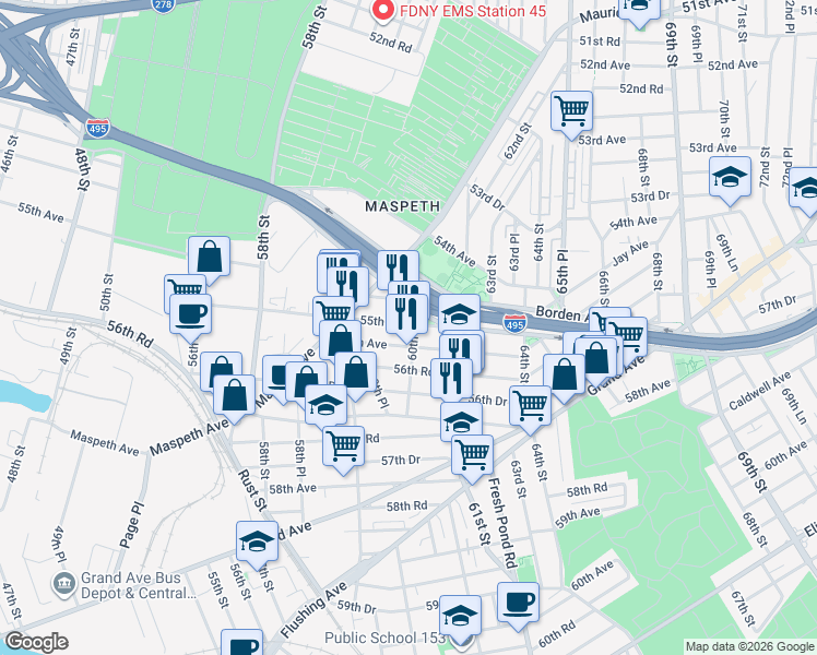 map of restaurants, bars, coffee shops, grocery stores, and more near 59-60 55th Road in Queens