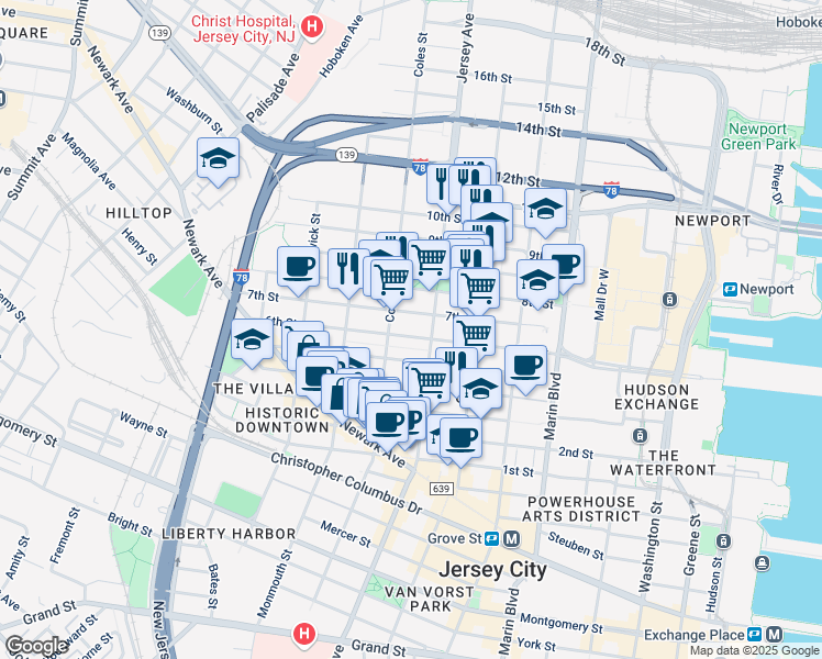 map of restaurants, bars, coffee shops, grocery stores, and more near 285 8th Street in Jersey City