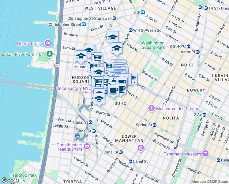 map of restaurants, bars, coffee shops, grocery stores, and more near 144 Sullivan Street in New York