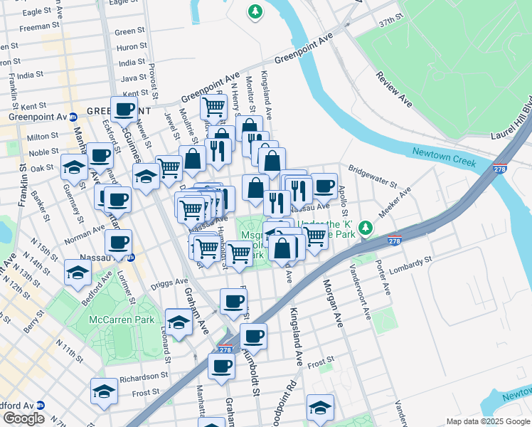 map of restaurants, bars, coffee shops, grocery stores, and more near Monitor Street in Brooklyn