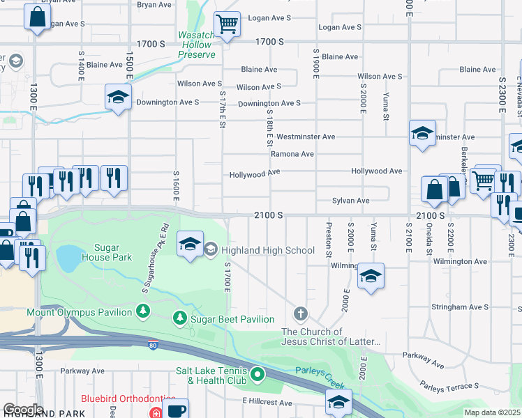 map of restaurants, bars, coffee shops, grocery stores, and more near 1773 Redondo Avenue South in Salt Lake City
