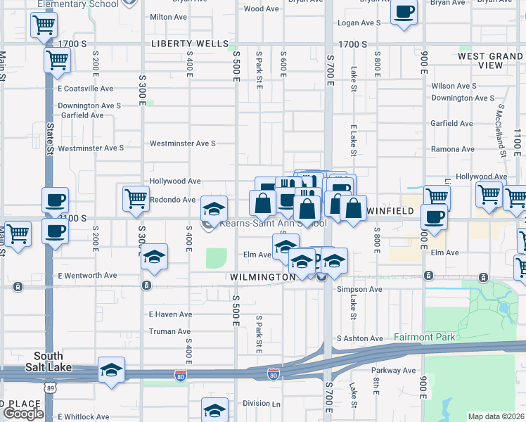 map of restaurants, bars, coffee shops, grocery stores, and more near 573 Redondo Avenue in Salt Lake City
