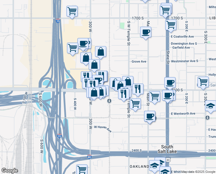 map of restaurants, bars, coffee shops, grocery stores, and more near 204 West 2100 South in Salt Lake City