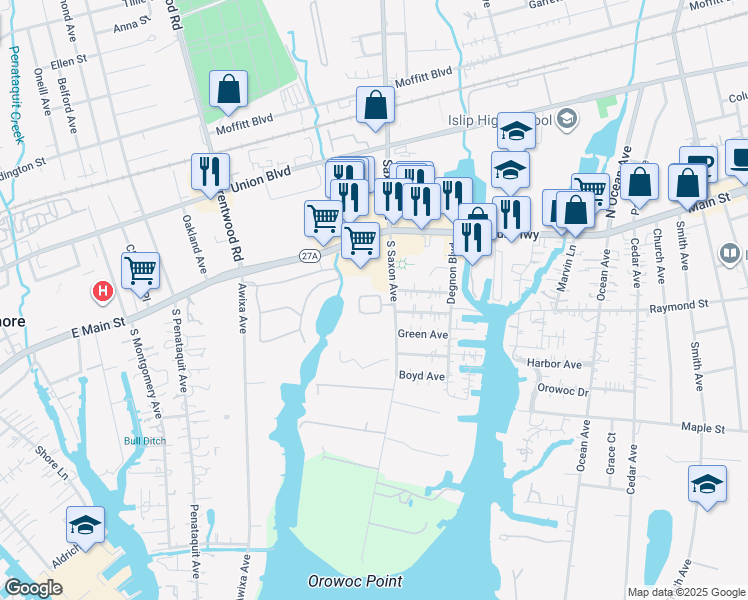 map of restaurants, bars, coffee shops, grocery stores, and more near 20 South Saxon Avenue in Bay Shore