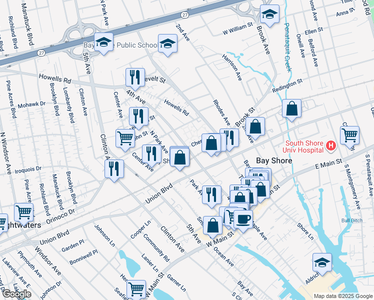 map of restaurants, bars, coffee shops, grocery stores, and more near 2 Garfield Street in Bay Shore