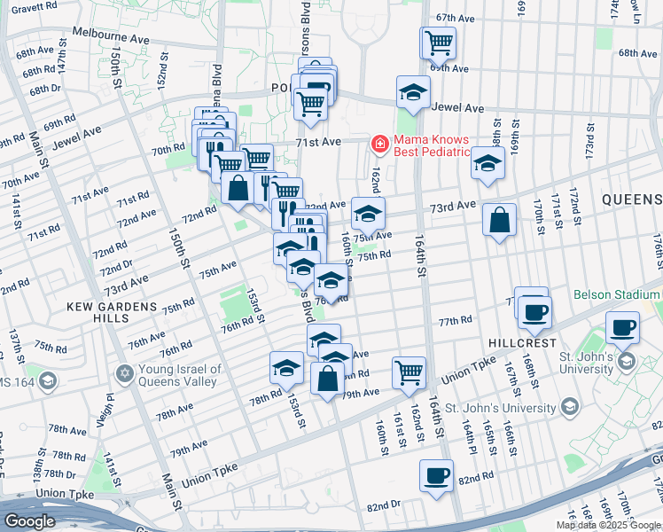 map of restaurants, bars, coffee shops, grocery stores, and more near 158-46 75th Avenue in Queens