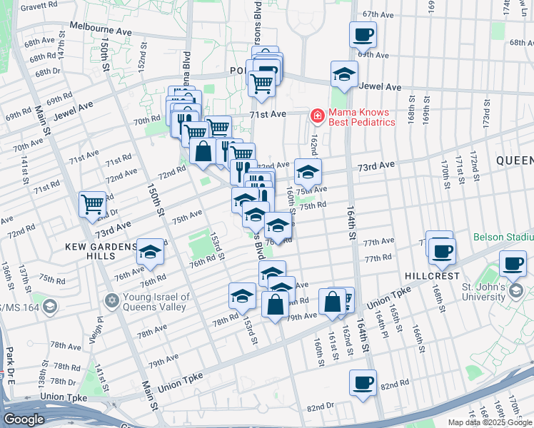map of restaurants, bars, coffee shops, grocery stores, and more near 75-01 Parsons Boulevard in Queens