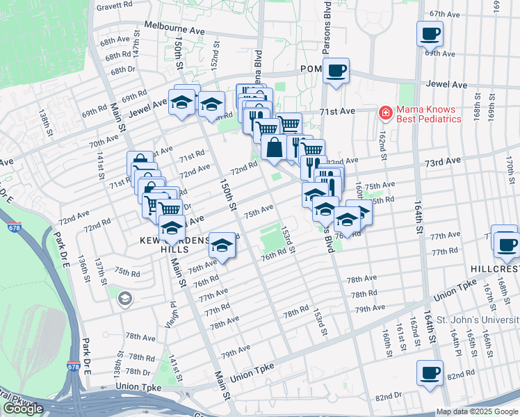 map of restaurants, bars, coffee shops, grocery stores, and more near 150-45 73rd Avenue in Queens