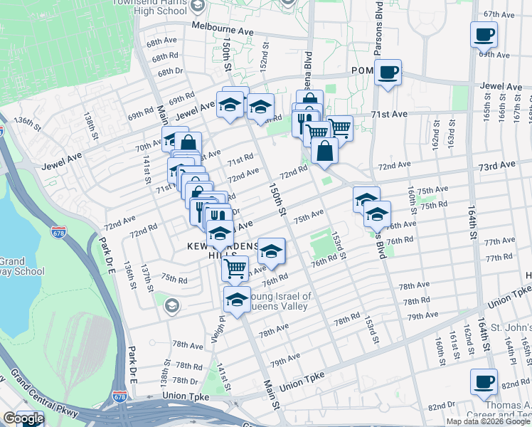 map of restaurants, bars, coffee shops, grocery stores, and more near 147-33 72nd Drive in Queens