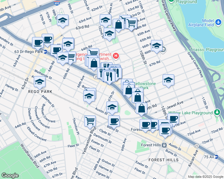 map of restaurants, bars, coffee shops, grocery stores, and more near in Queens