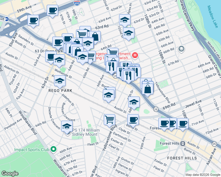 map of restaurants, bars, coffee shops, grocery stores, and more near 66-28 Saunders Street in Queens