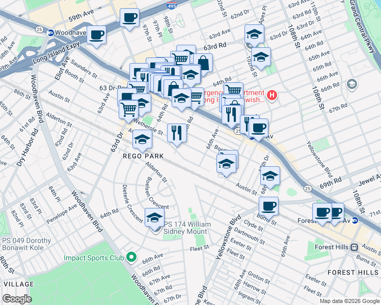map of restaurants, bars, coffee shops, grocery stores, and more near 65-47 Wetherole Street in Queens