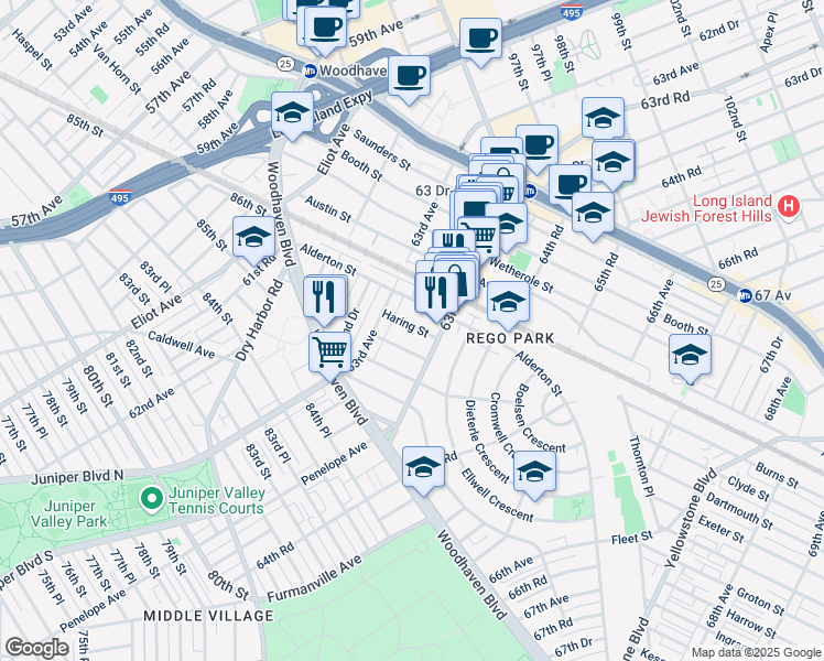 map of restaurants, bars, coffee shops, grocery stores, and more near 63-30 Alderton Street in Queens