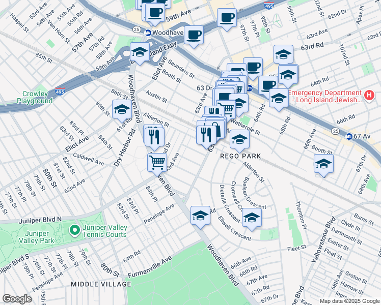 map of restaurants, bars, coffee shops, grocery stores, and more near 63-30 Alderton Street in Queens