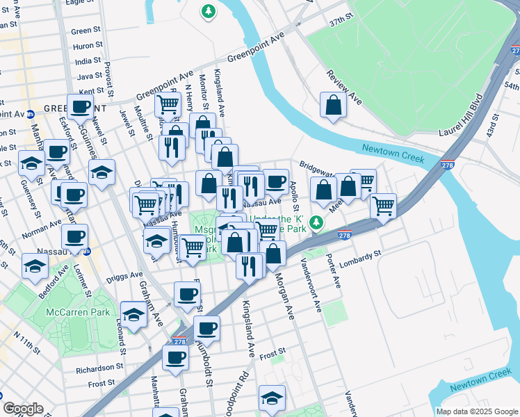 map of restaurants, bars, coffee shops, grocery stores, and more near 640 Morgan Avenue in Brooklyn