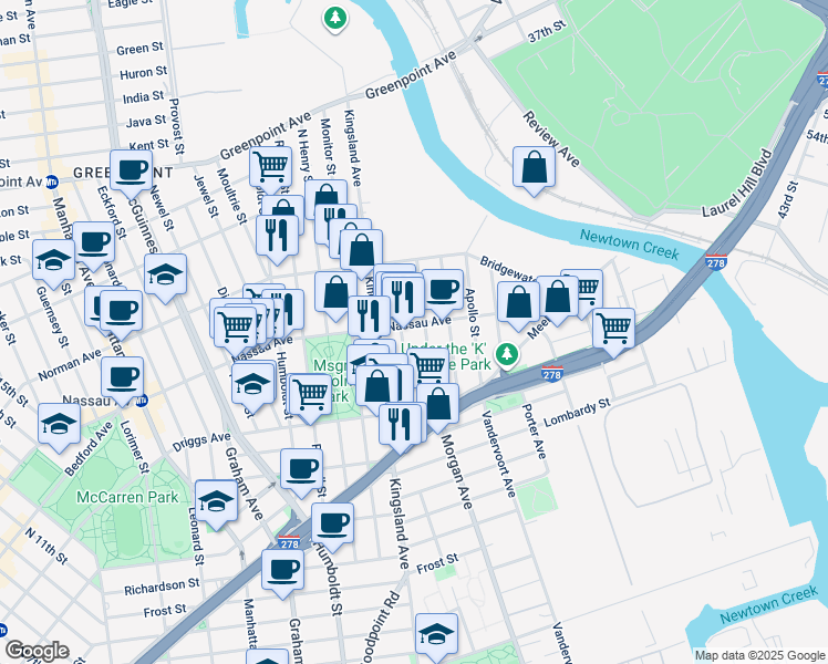 map of restaurants, bars, coffee shops, grocery stores, and more near 640 Morgan Avenue in Brooklyn