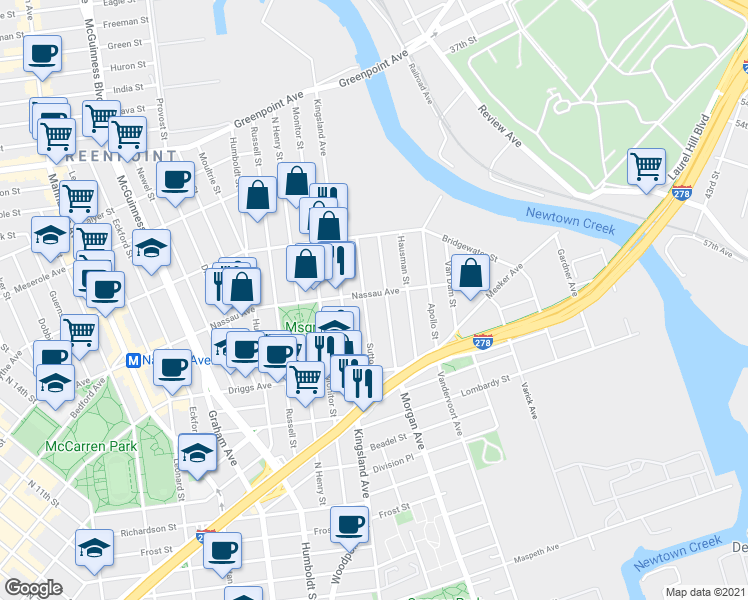 map of restaurants, bars, coffee shops, grocery stores, and more near 99 Sutton Street in Brooklyn