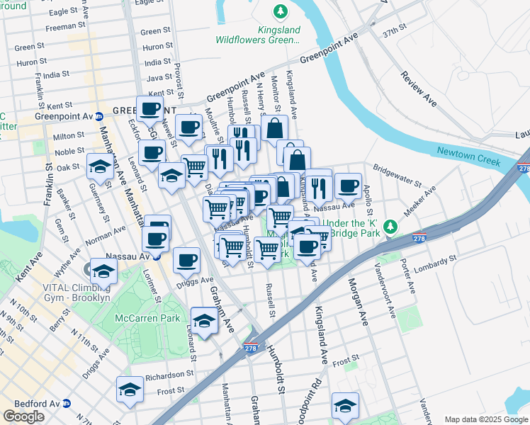 map of restaurants, bars, coffee shops, grocery stores, and more near 209 North Henry Street in Brooklyn