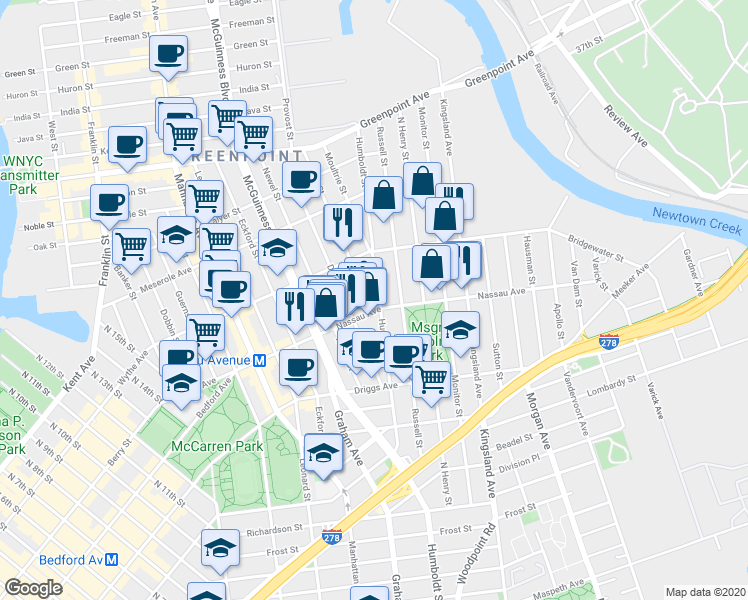 map of restaurants, bars, coffee shops, grocery stores, and more near 720 Humboldt Street in Brooklyn