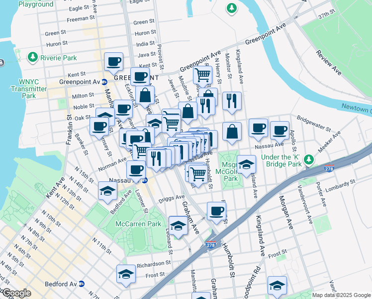 map of restaurants, bars, coffee shops, grocery stores, and more near 108A Diamond Street in Brooklyn
