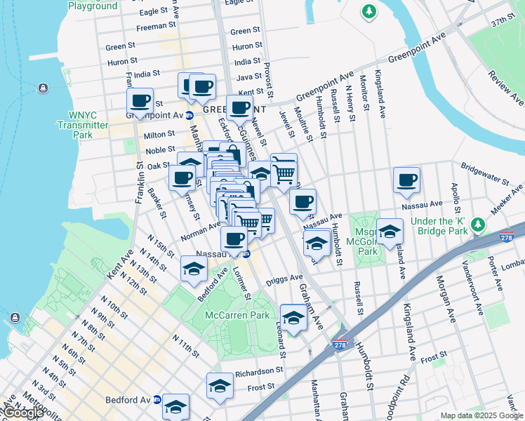 map of restaurants, bars, coffee shops, grocery stores, and more near 208 Eckford Street in Brooklyn