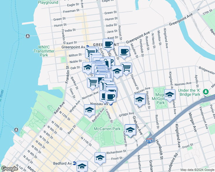 map of restaurants, bars, coffee shops, grocery stores, and more near 639 Leonard Street in Brooklyn