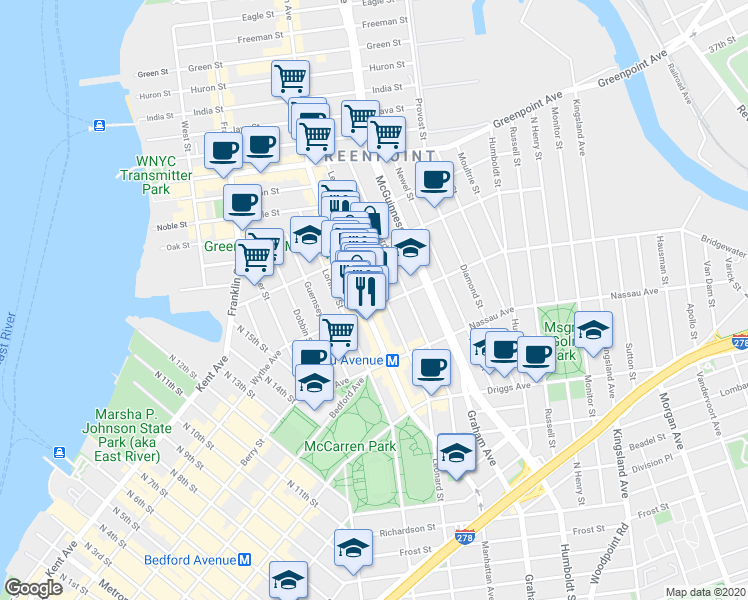 map of restaurants, bars, coffee shops, grocery stores, and more near 639 Leonard Street in Brooklyn