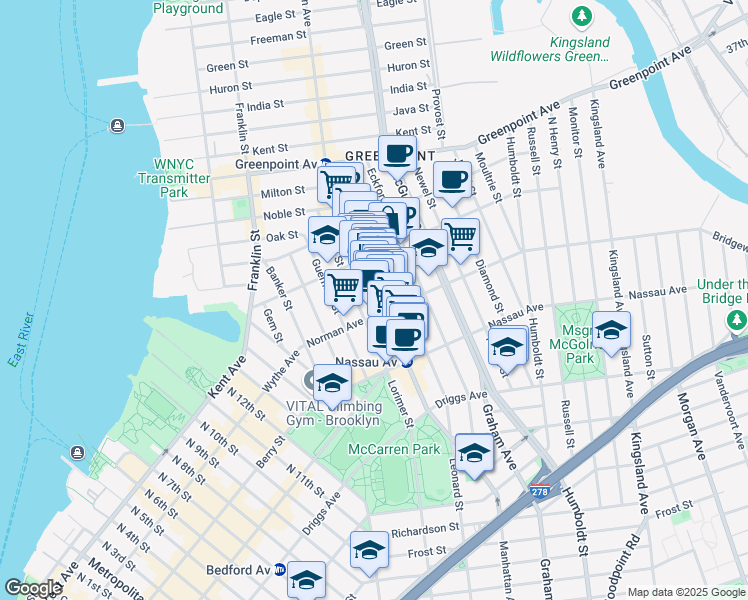 map of restaurants, bars, coffee shops, grocery stores, and more near 639 Leonard Street in Brooklyn