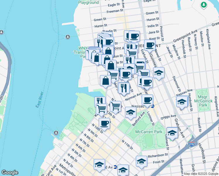 map of restaurants, bars, coffee shops, grocery stores, and more near 61 Franklin Street in Brooklyn