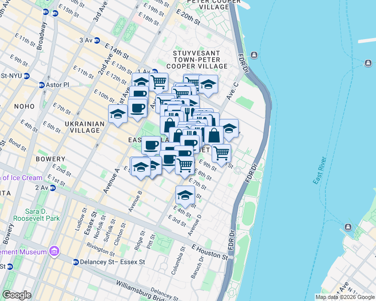 map of restaurants, bars, coffee shops, grocery stores, and more near 375 East 10th Street in New York