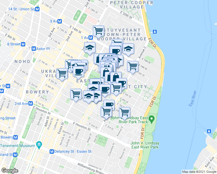 map of restaurants, bars, coffee shops, grocery stores, and more near in New York