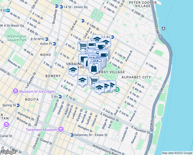 map of restaurants, bars, coffee shops, grocery stores, and more near 113 East 7th Street in New York